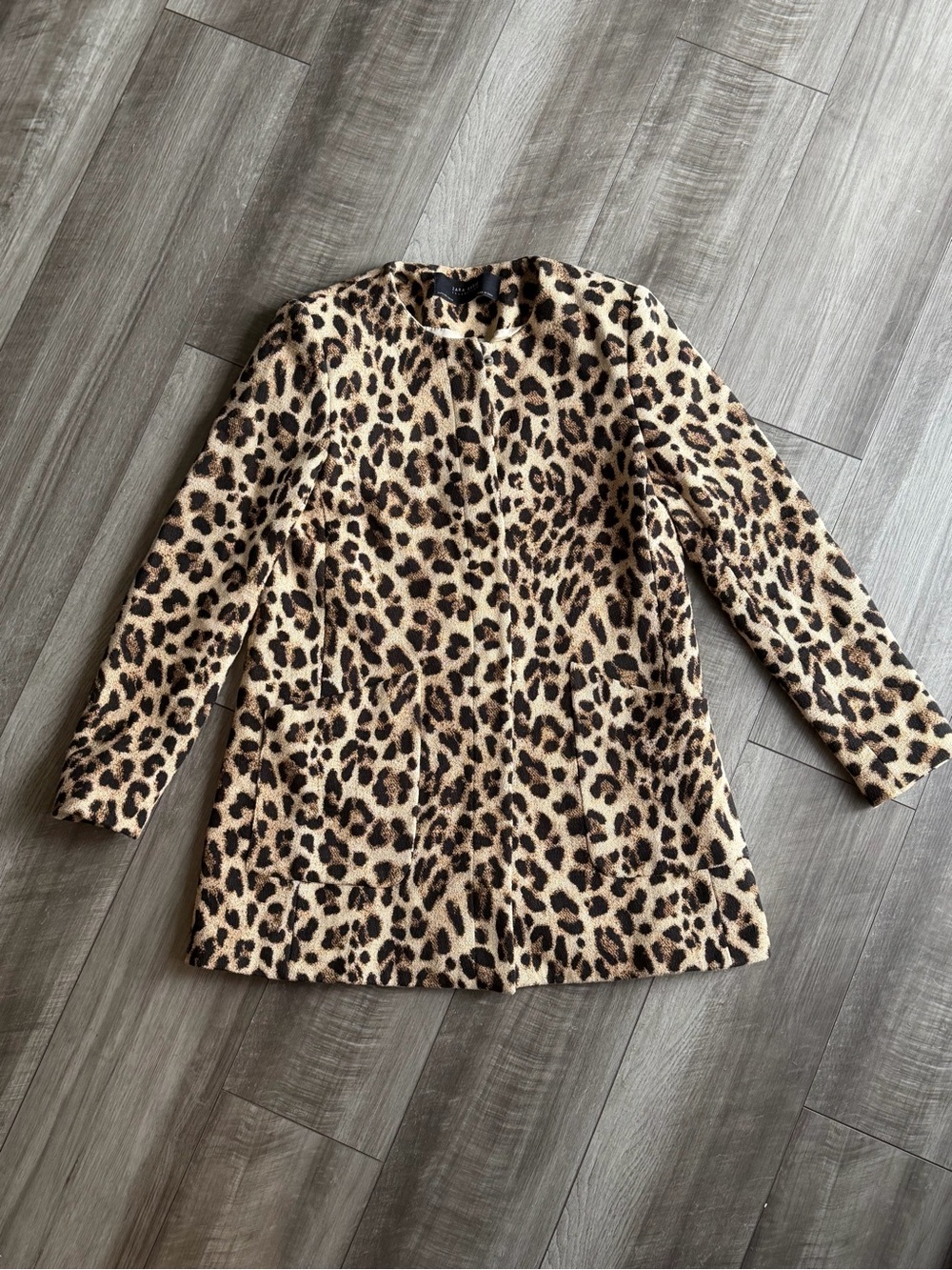 Zara Basic Womens Collarless Leopard Print Mid-Length Coat Snap Front Lined Sz S